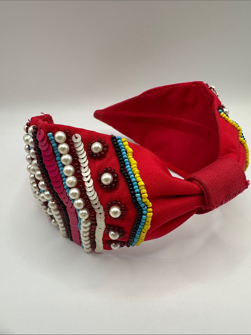 Red Embellished Beaded Pearl Knot Headband Handmade in India Rajastan